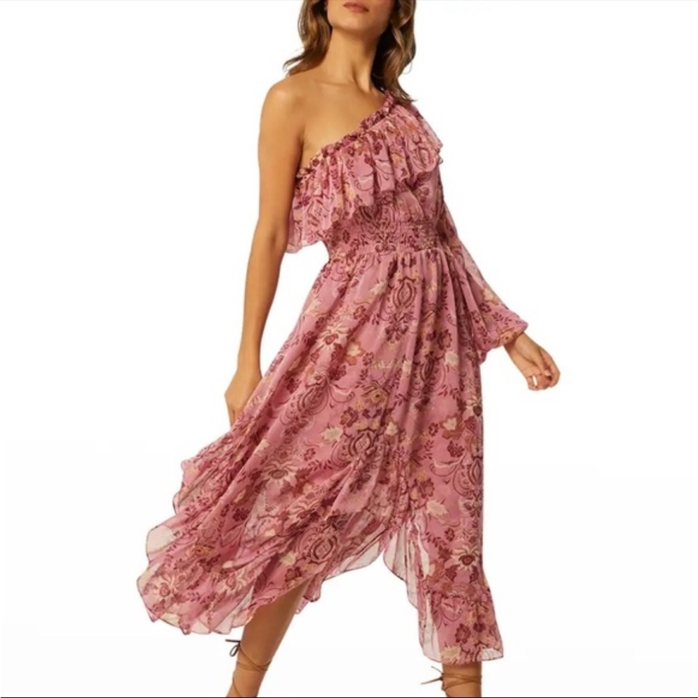 MISA Los Angeles Vola Pink Floral One Shoulder Balloon Sleeve Ruffle Midi Dress